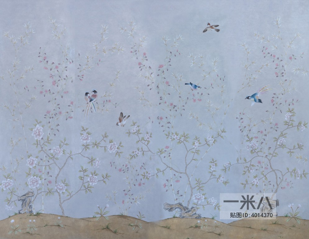 中式古典真丝手绘花鸟壁纸3D模型下载