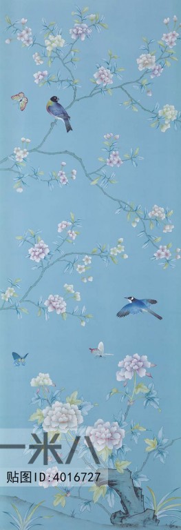 中式古典真丝手绘花鸟壁纸